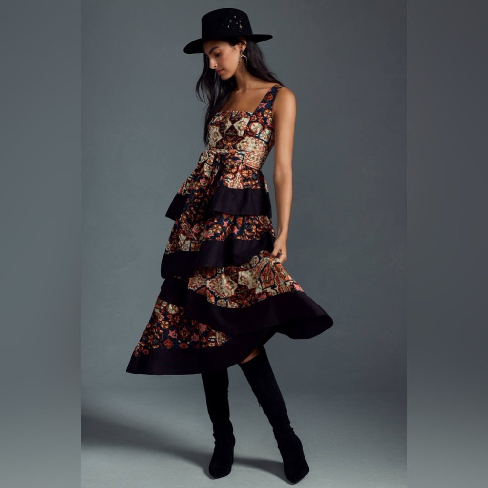 Anthropologie Black Tiered Midi Dress with Floral Patchwork